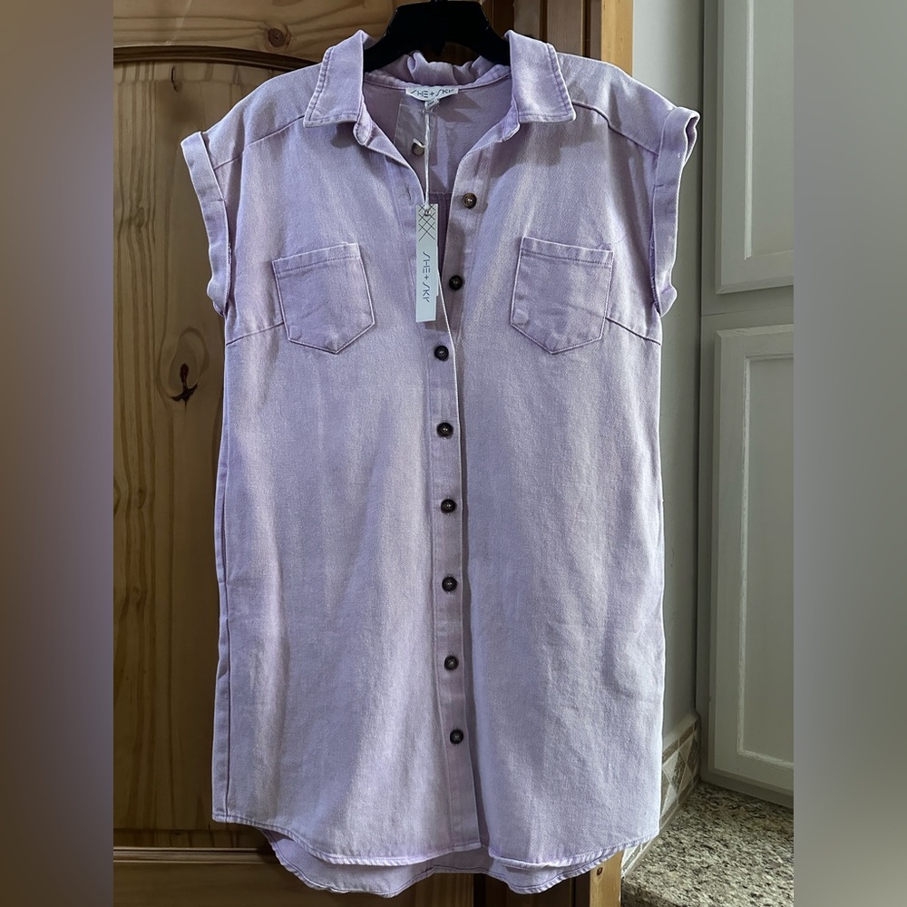 She + Sky Lavender Sleeveless Button-Front Midi Shirt Dress